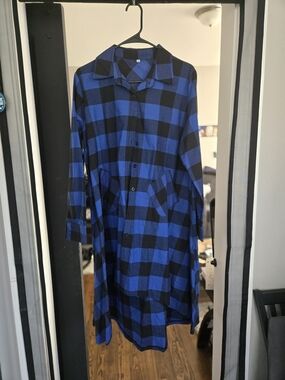 SHEIN Blue and Black Buffalo Plaid Button-Up Shirt Dress